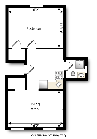 Floor plan for 1 bed, 1 bath, 565 sqft